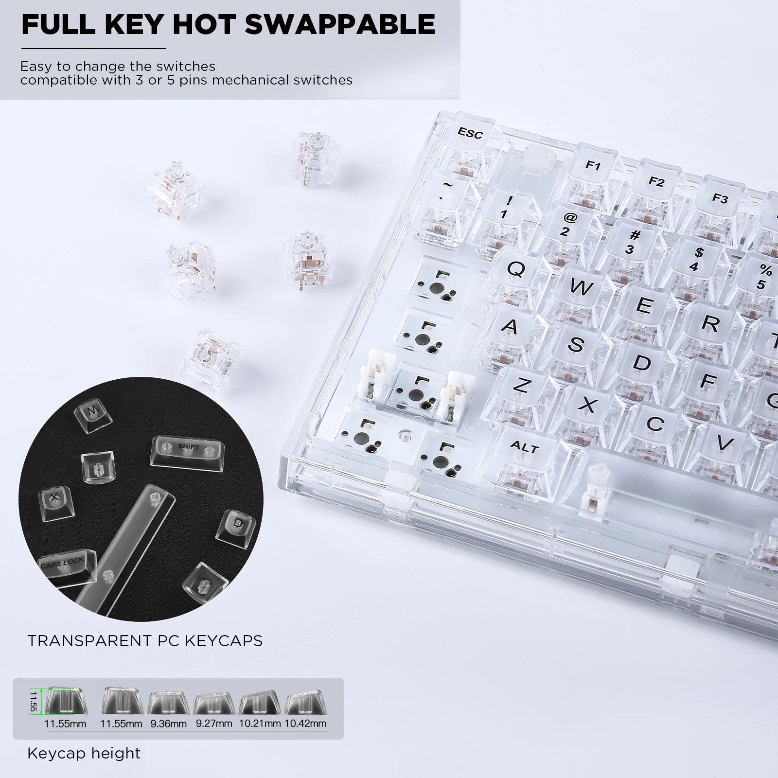 YUNZII X75 White 82 Keys Hot Swappable Wired Gasket Transparent Mechanical Keyboard