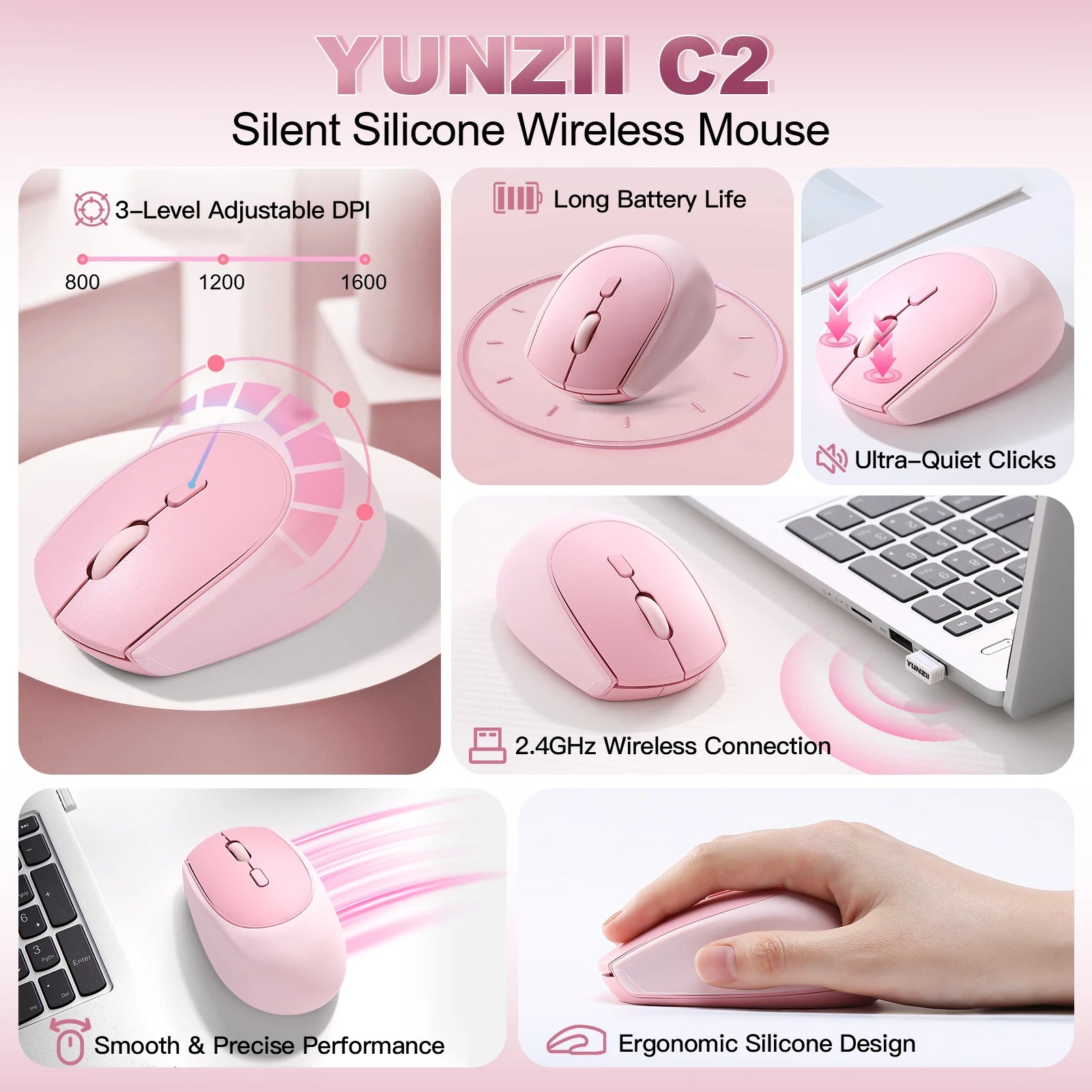 YUNZII C2 Silent Silicone Wireless Mouse, Cute Noiseless Computer Mice, Quiet Click, 3 Adjust DPI, Portable Ergonomic for Office