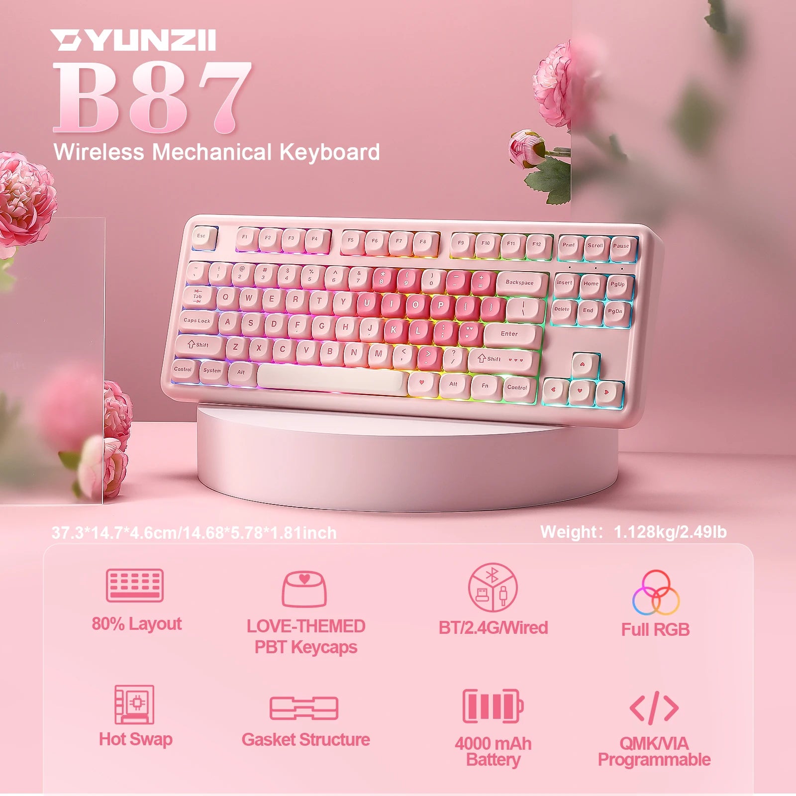 YUNZII B87 Pink Mechanical Gaming Keyboard, QMK/VIA Custom Gasket RGB Keyboard, Wireless Aesthetic Keeb, Wrist Rest for Win/Mac