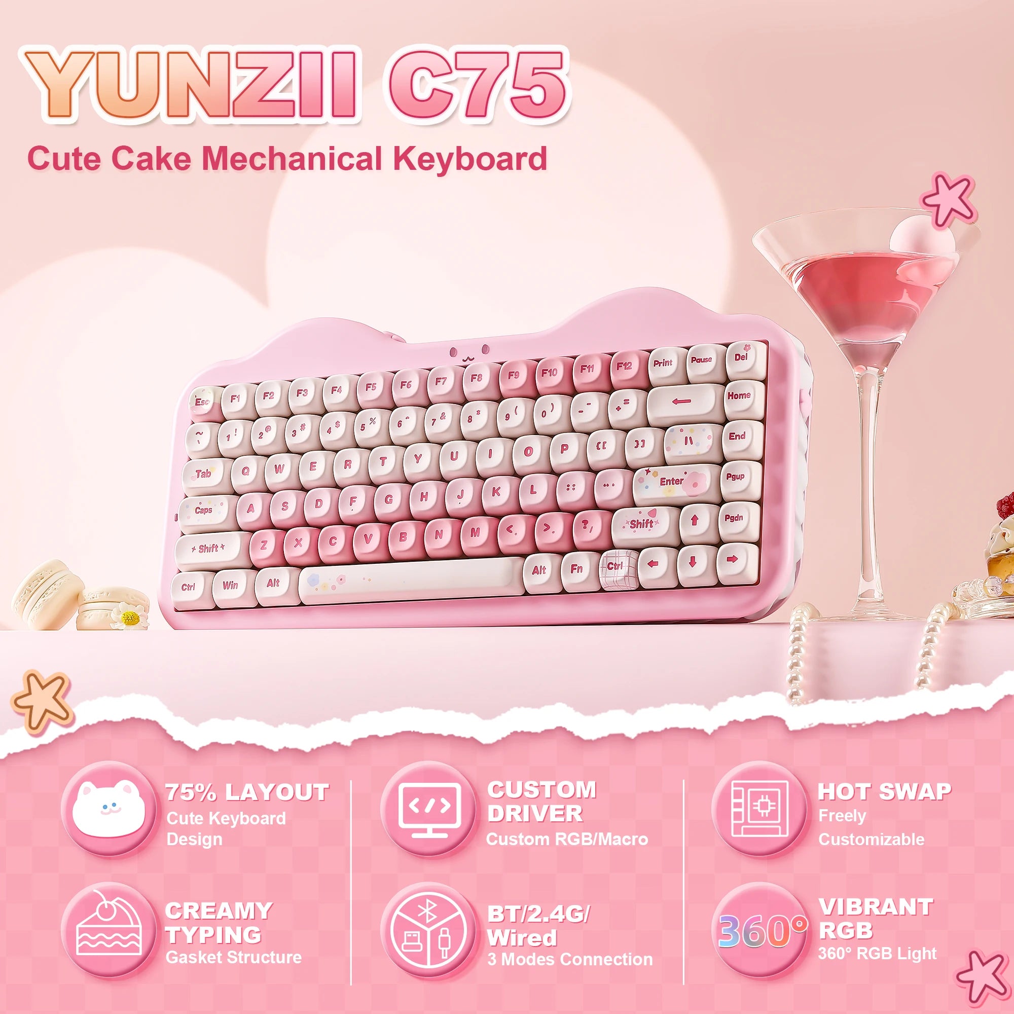 YUNZII C75 Pink Wireless Mechanical Keyboard, 75% Creamy Hot Swap RGB Keyboard, Gasket Mount Cute Cake Design for Win/Mac/Gaming