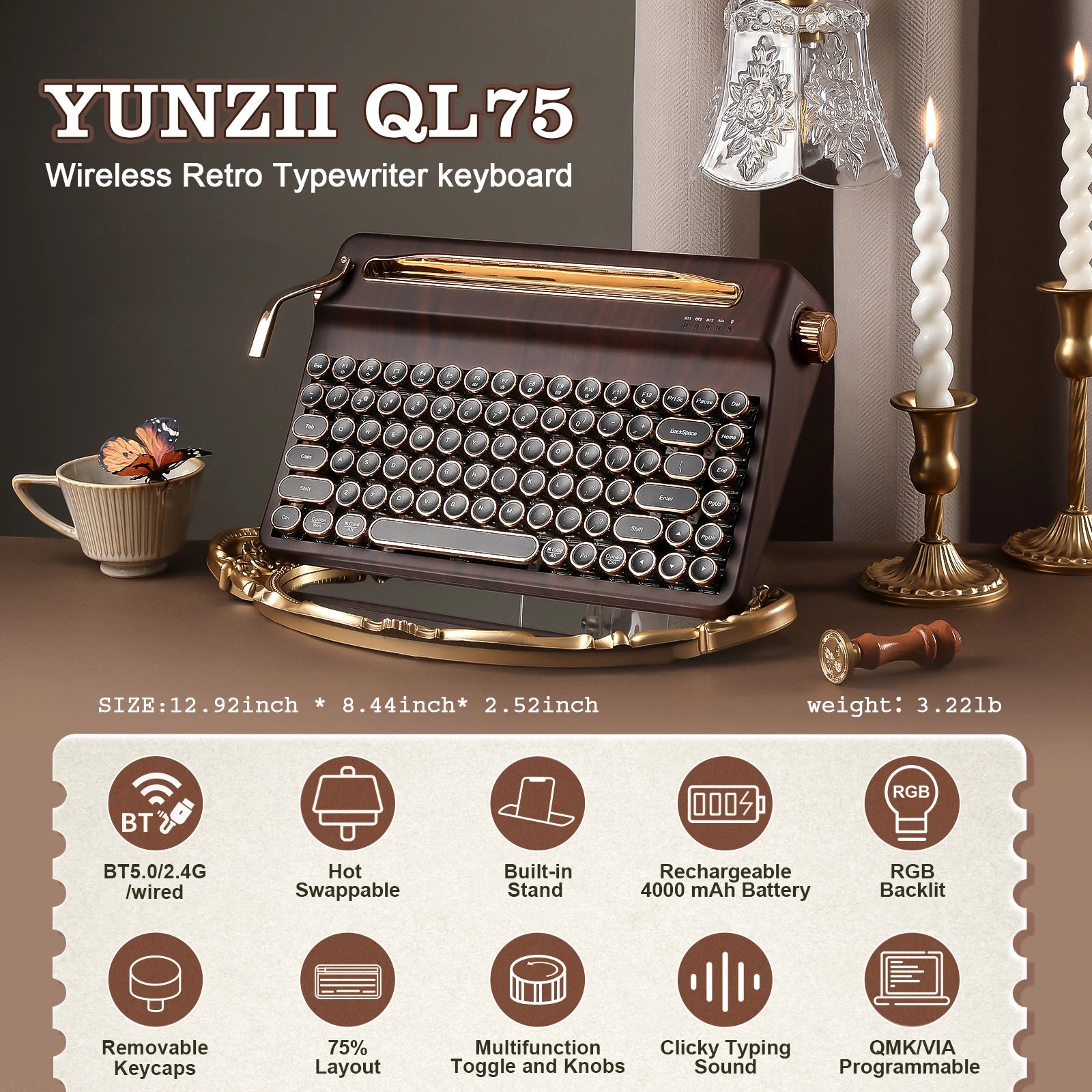 YUNZII QL75 Wood QMK/VIA Mechanical Keyboard, Retro Style RGB Wireless Mechanical Keyboard, Mac/Win Customizable, Gift Box Pack
