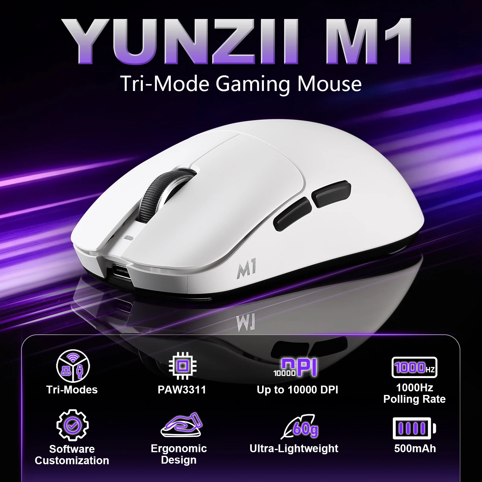 YUNZII M1 Wireless Gaming Mouse,Tri-Mode Lightweight Custom Mice,PAW3311 Sensor 10000DPI Rechargeable Wireless Mouse for Win&Mac