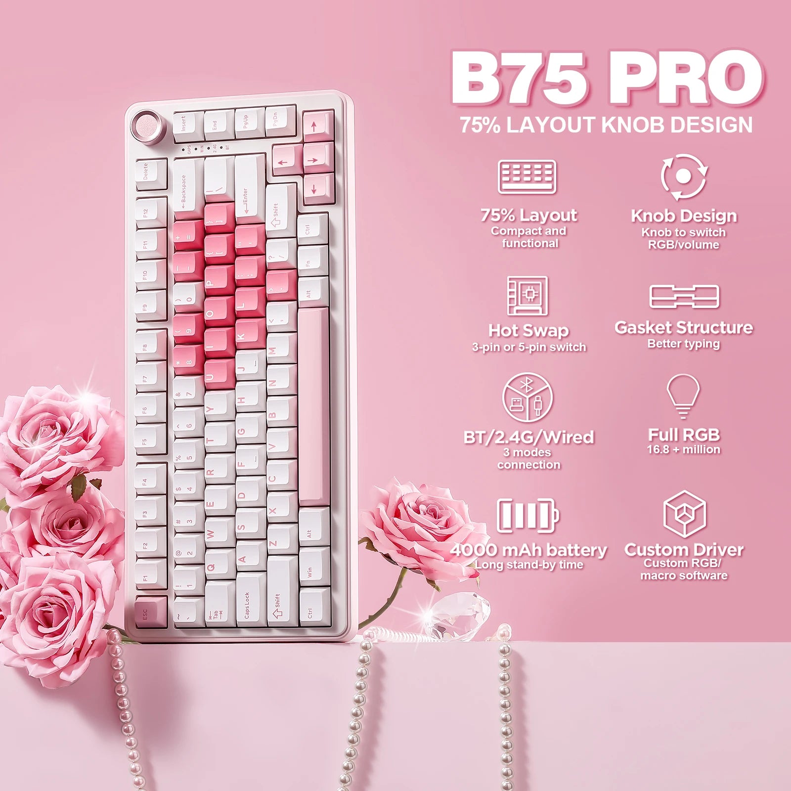 YUNZII B75 PRO White Heart Mechanical Gaming Keyboard, Gasket 75 Knob RGB Keyboard, Triple Mode Hot-Swap Custom Creamy Keyboard