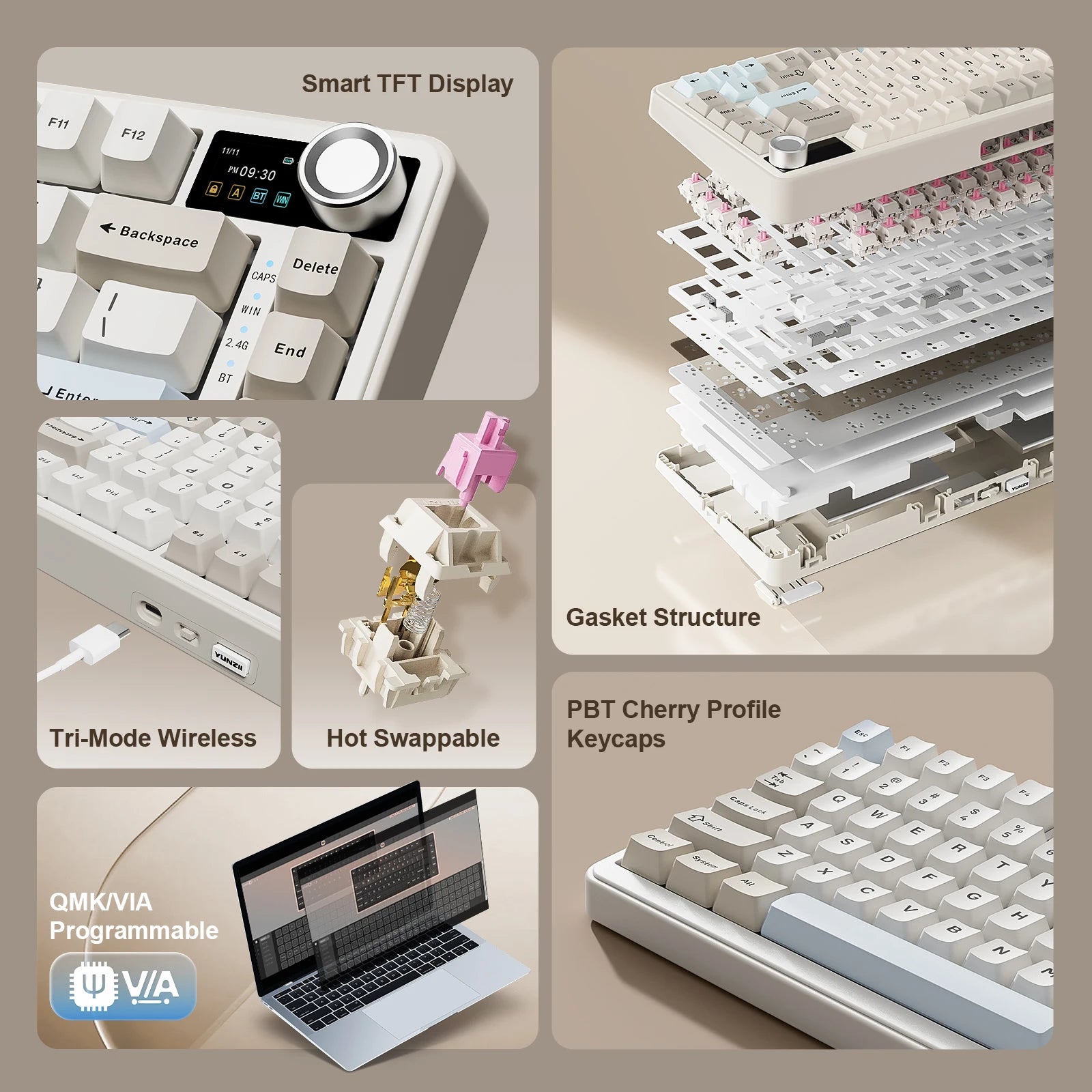 YUNZII B75 PRO MAX Wireless Mechanical Keyboard, QMK/VIA Custom 75% Gaming Keyboard with Screen&Knob, Creamy Sounds for Win/Mac