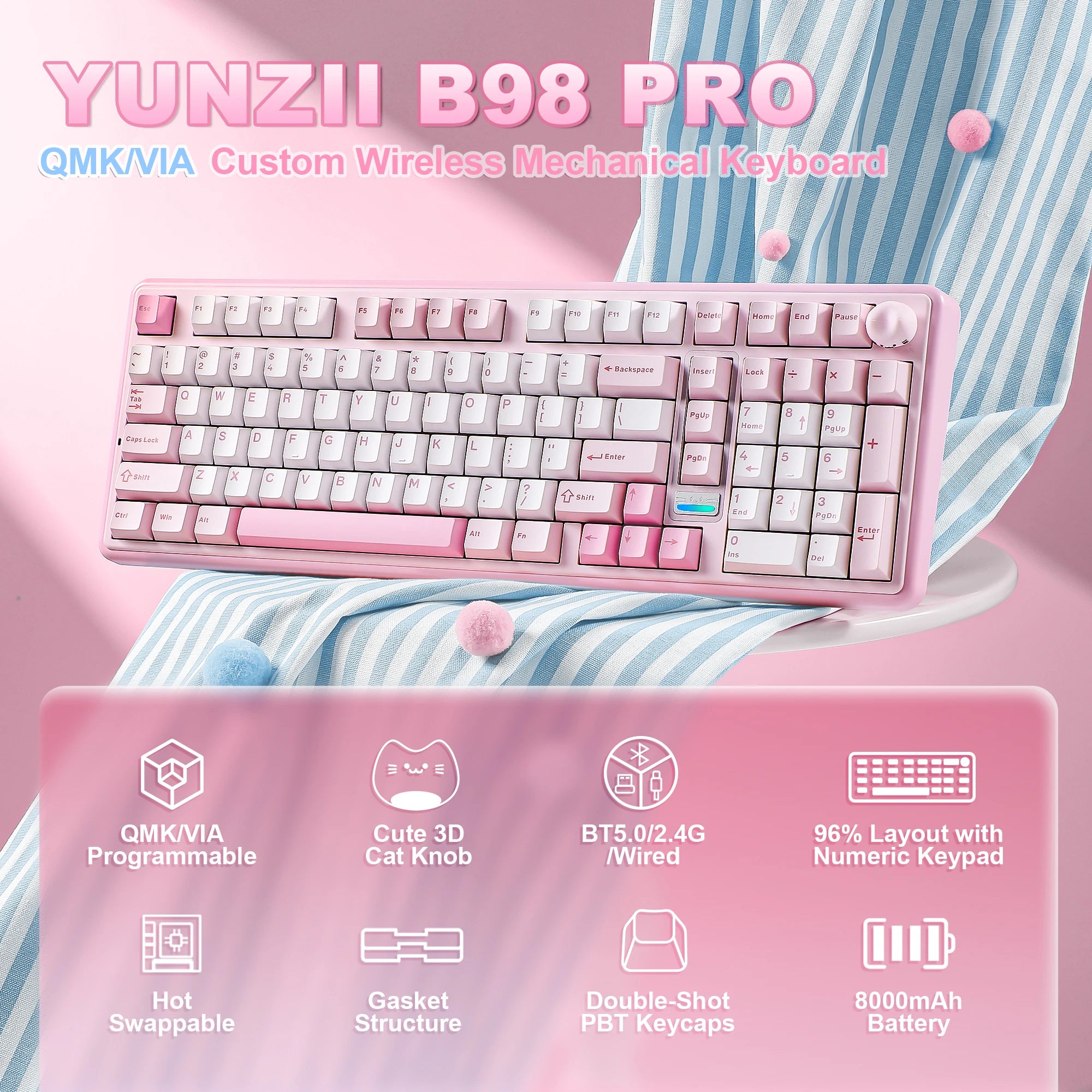 YUNZII B98 PRO QMK/VIA Wireless Mechanical Keyboard, 96% Layout Custom Gaming Keyboard, Hot-Swap Gasket RGB Keyboard for Win/Mac