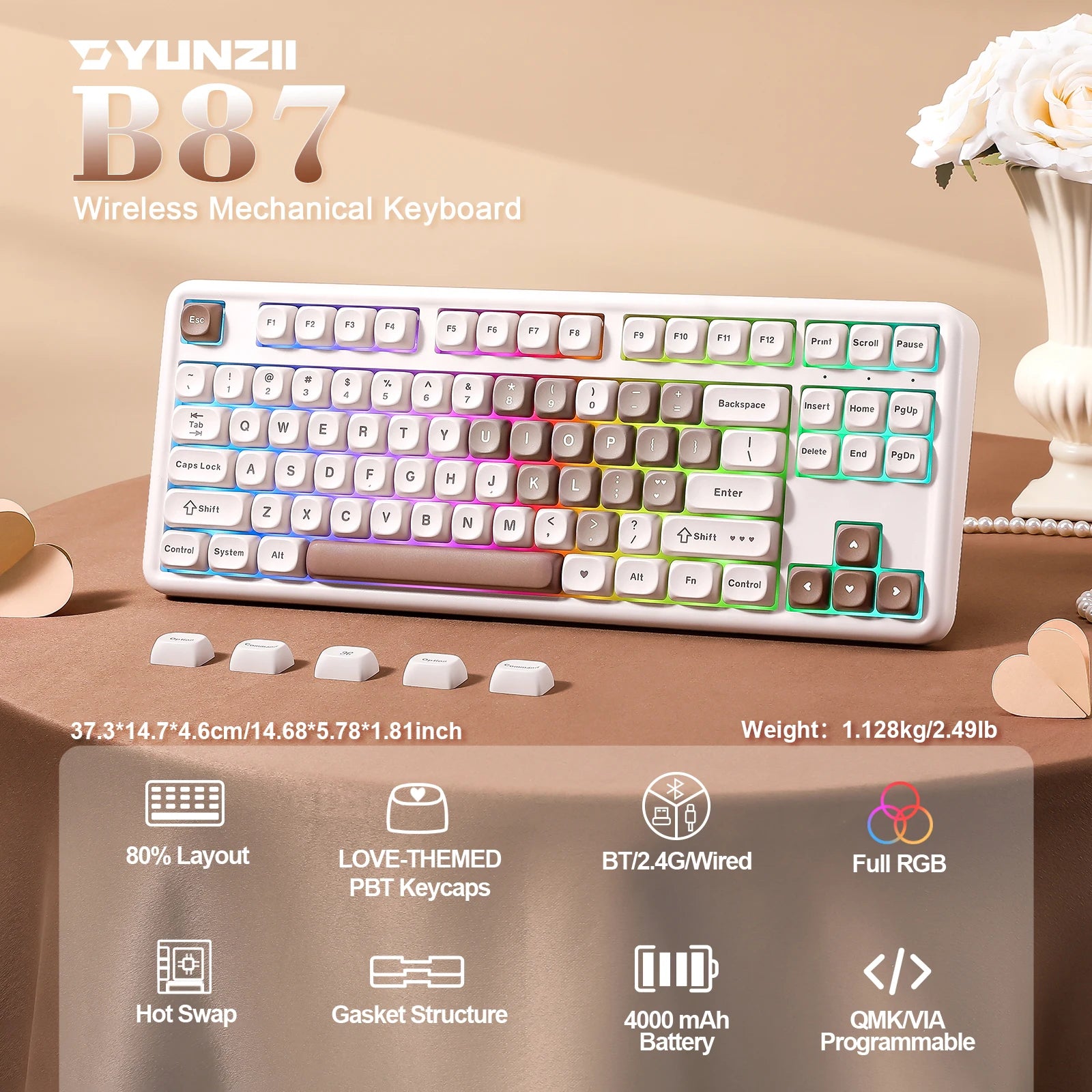 YUNZII B87 Heart Wireless Mechanical Keyboard, QMK/VIA Custom RGB Gaming Keyboard, Beauty Aesthetic Keeb, Wrist Rest for Win/Mac
