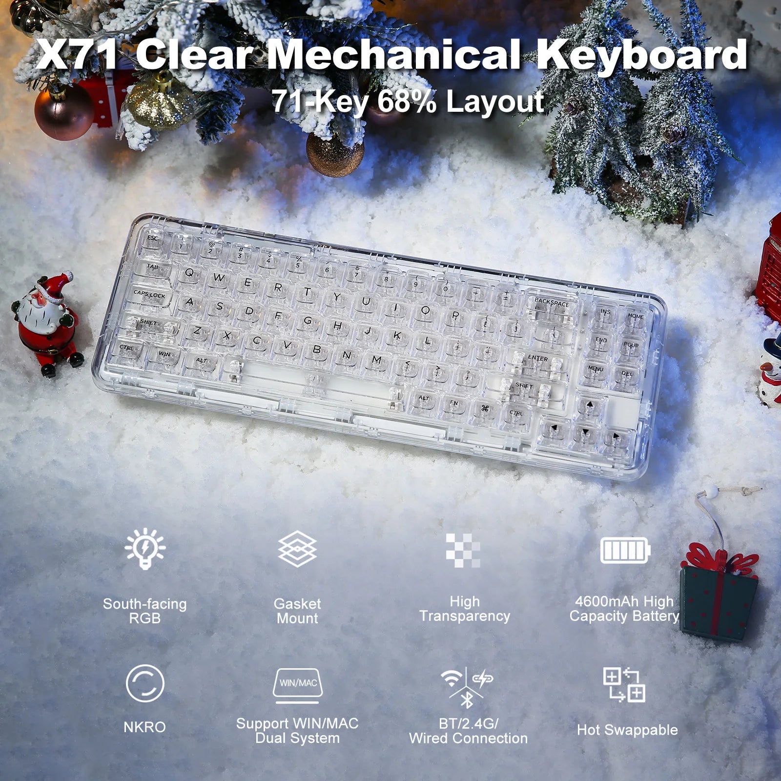YUNZII X71 White 68% Layout Wireless BT/2.4G/USB-C Gasket Hot-Swap Transparent RGB Mechanical Gaming Keyboard with Clear Keycaps